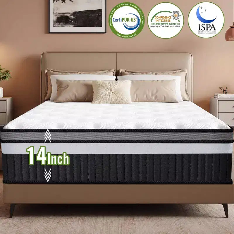 Qvamodo 14in Queen Mattress Gel Memory Foam Mattress in a Box, Pocket Spring Hybrid Mattress, Medium Firm, White