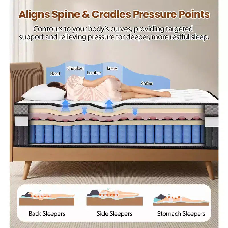 Matelas hybride à ressorts ensachés en gel et mousse à mémoire de forme Qvamodo 14 pouces pour grand lit, fermeté moyenne, blanc