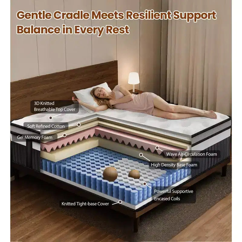 Matelas hybride à ressorts ensachés en gel et mousse à mémoire de forme Qvamodo 14 pouces pour grand lit, fermeté moyenne, blanc