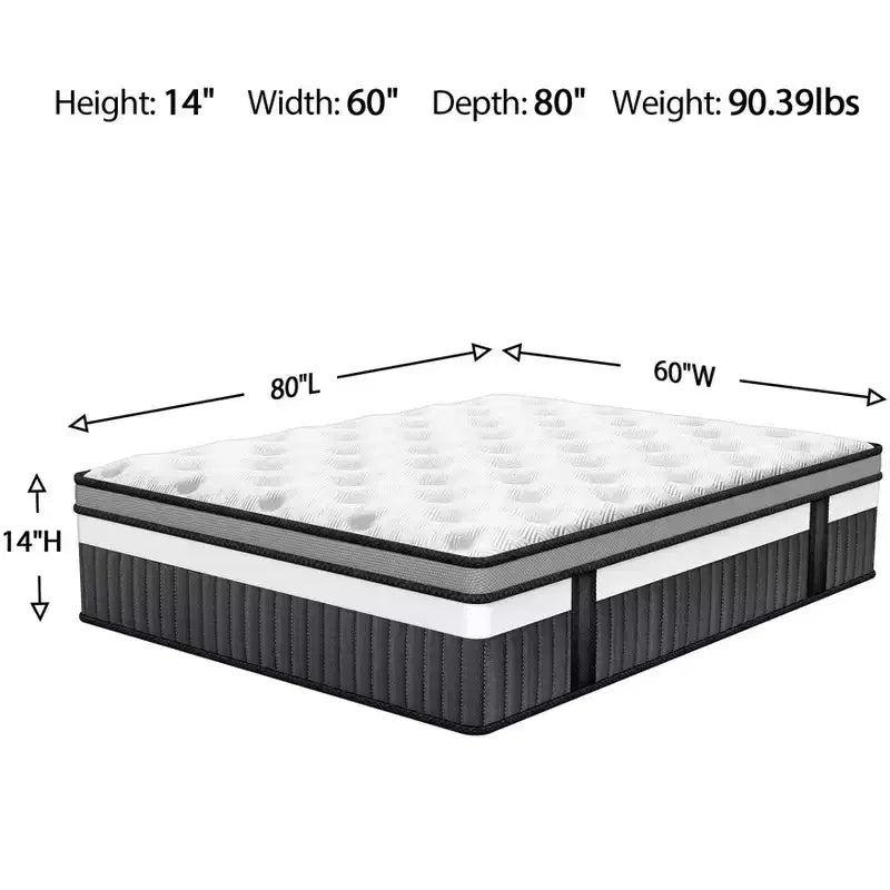 Matelas hybride à ressorts ensachés en gel et mousse à mémoire de forme Qvamodo 14 pouces pour grand lit, fermeté moyenne, blanc