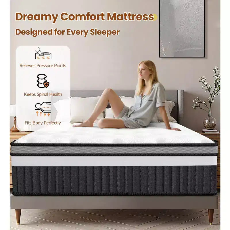 Matelas hybride à ressorts ensachés en gel et mousse à mémoire de forme Qvamodo 14 pouces pour grand lit, fermeté moyenne, blanc