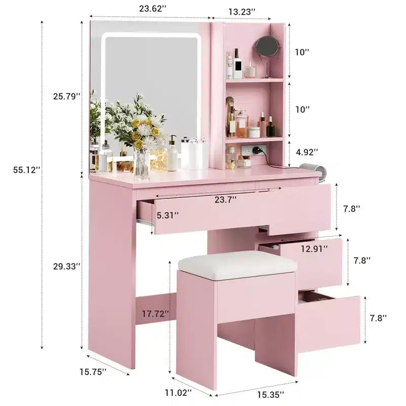 Coiffeuse avec miroir et lumières - Table de maquillage moderne avec tabouret de rangement, 4 tiroirs et support pour sèche-cheveux - Coiffeuses pour chambre à coucher