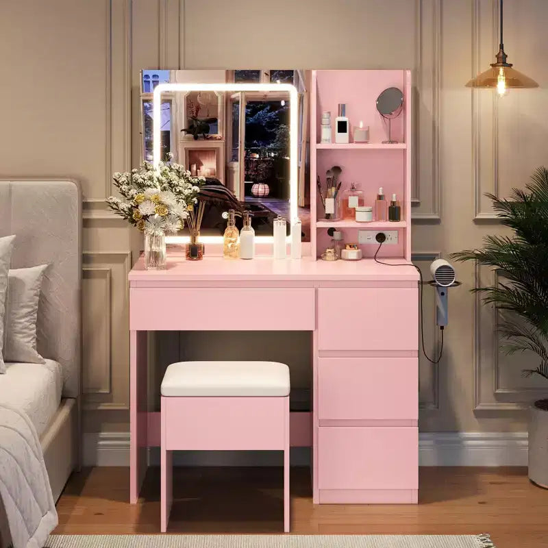 Coiffeuse avec miroir et lumières - Table de maquillage moderne avec tabouret de rangement, 4 tiroirs et support pour sèche-cheveux - Coiffeuses pour chambre à coucher
