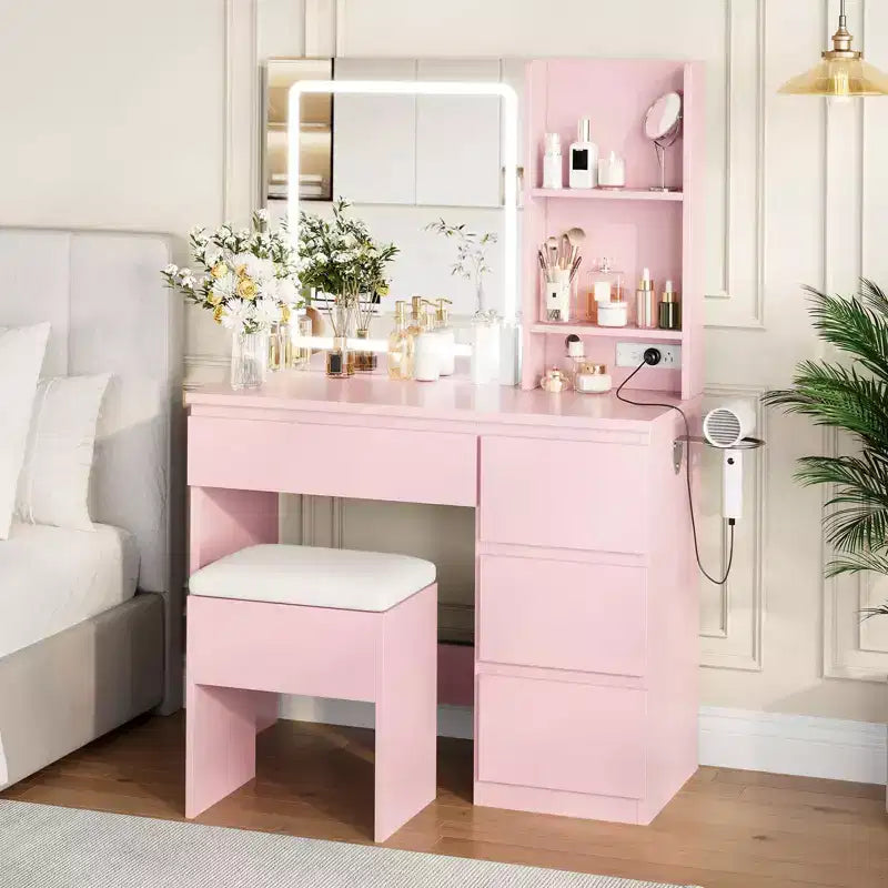 Coiffeuse avec miroir et lumières - Table de maquillage moderne avec tabouret de rangement, 4 tiroirs et support pour sèche-cheveux - Coiffeuses pour chambre à coucher