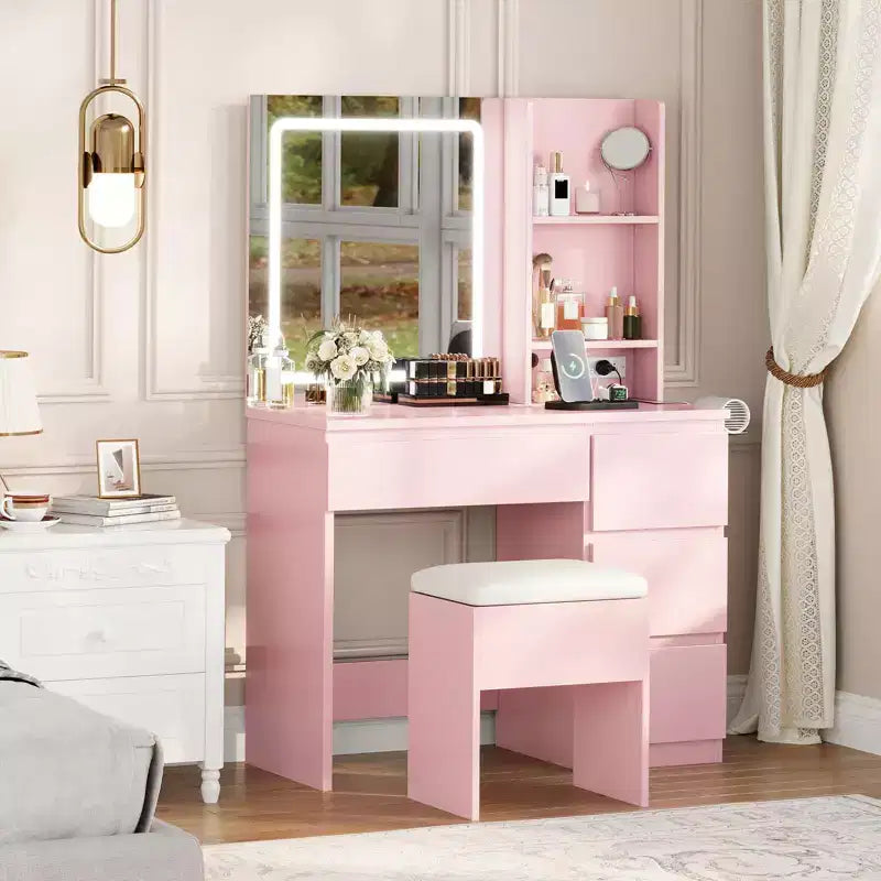 Coiffeuse avec miroir et lumières - Table de maquillage moderne avec tabouret de rangement, 4 tiroirs et support pour sèche-cheveux - Coiffeuses pour chambre à coucher