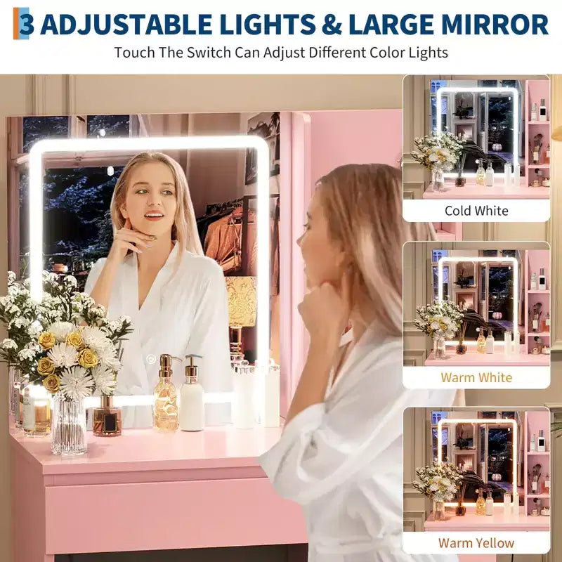 Coiffeuse avec miroir et lumières - Table de maquillage moderne avec tabouret de rangement, 4 tiroirs et support pour sèche-cheveux - Coiffeuses pour chambre à coucher