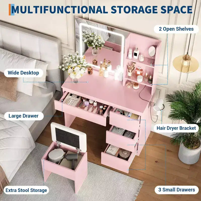 Coiffeuse avec miroir et lumières - Table de maquillage moderne avec tabouret de rangement, 4 tiroirs et support pour sèche-cheveux - Coiffeuses pour chambre à coucher