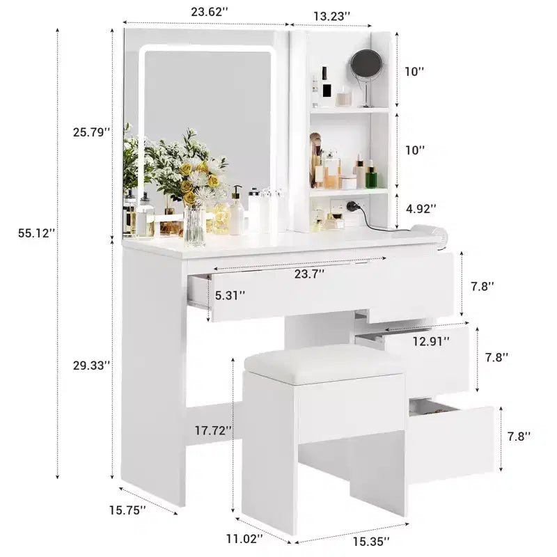 Coiffeuse avec miroir et lumières - Table de maquillage moderne avec tabouret de rangement, 4 tiroirs et support pour sèche-cheveux - Coiffeuses pour chambre à coucher