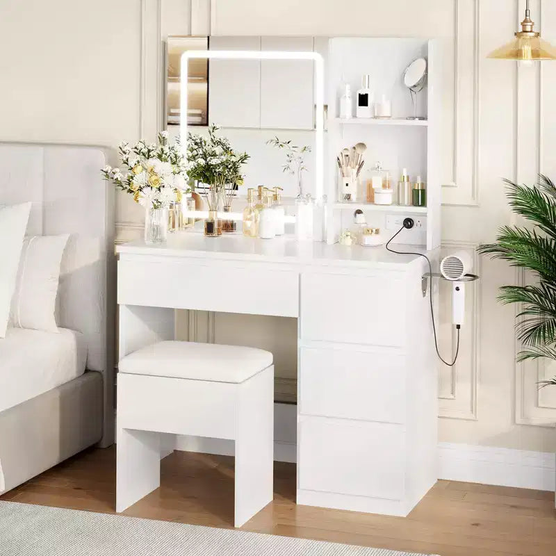 Coiffeuse avec miroir et lumières - Table de maquillage moderne avec tabouret de rangement, 4 tiroirs et support pour sèche-cheveux - Coiffeuses pour chambre à coucher