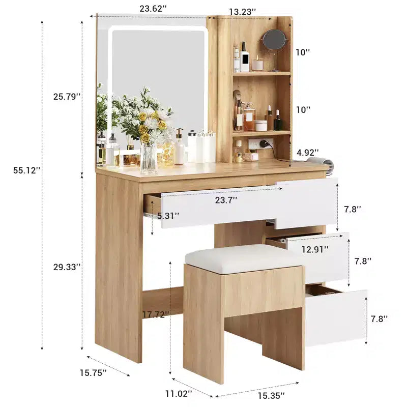 Coiffeuse avec miroir et lumières - Table de maquillage moderne avec tabouret de rangement, 4 tiroirs et support pour sèche-cheveux - Coiffeuses pour chambre à coucher