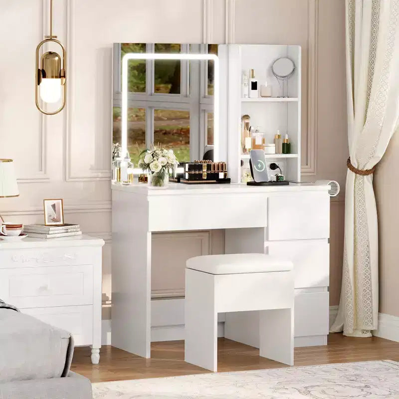 Coiffeuse avec miroir et lumières - Table de maquillage moderne avec tabouret de rangement, 4 tiroirs et support pour sèche-cheveux - Coiffeuses pour chambre à coucher