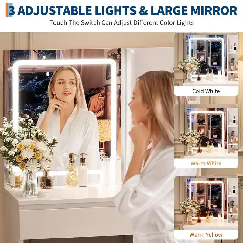 Coiffeuse avec miroir et lumières - Table de maquillage moderne avec tabouret de rangement, 4 tiroirs et support pour sèche-cheveux - Coiffeuses pour chambre à coucher