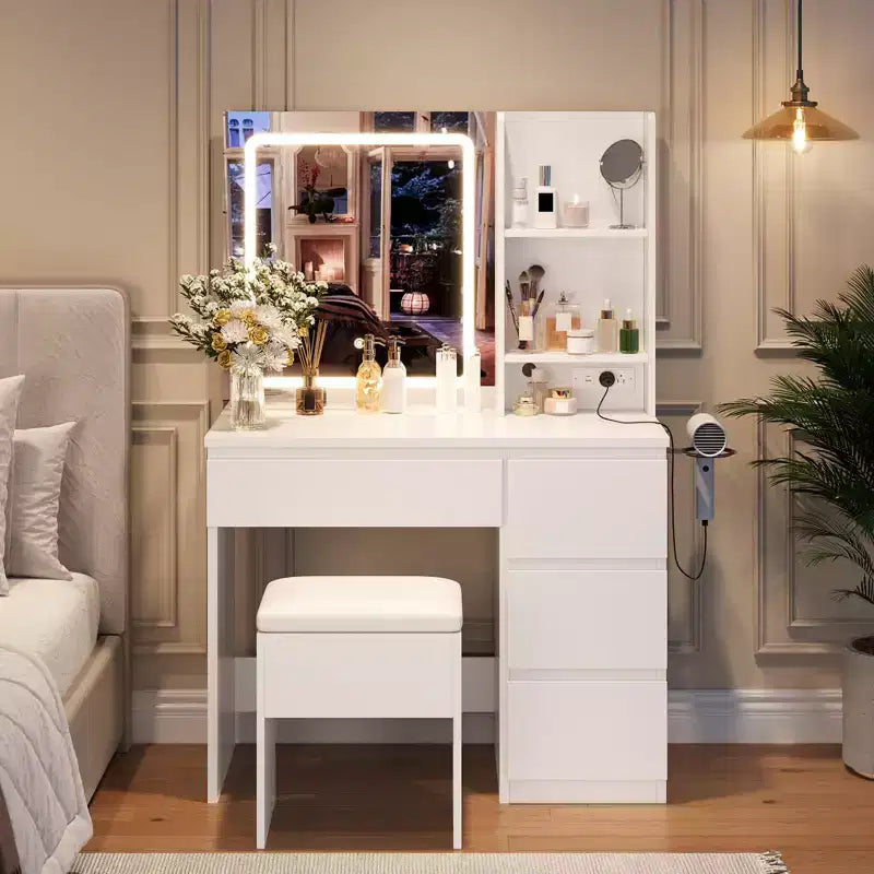Coiffeuse avec miroir et lumières - Table de maquillage moderne avec tabouret de rangement, 4 tiroirs et support pour sèche-cheveux - Coiffeuses pour chambre à coucher