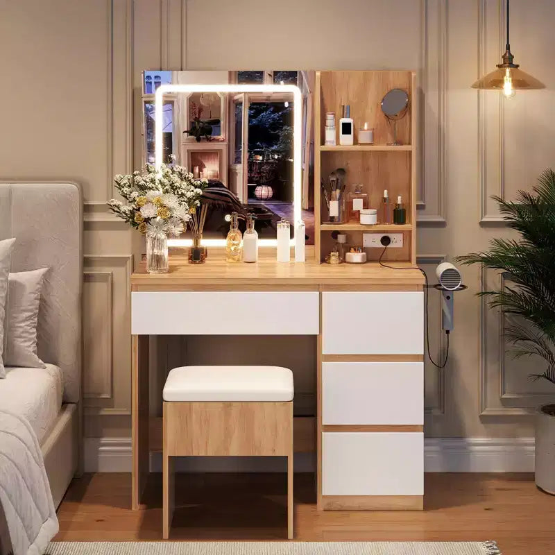 Coiffeuse avec miroir et lumières - Table de maquillage moderne avec tabouret de rangement, 4 tiroirs et support pour sèche-cheveux - Coiffeuses pour chambre à coucher