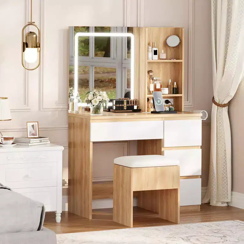 Coiffeuse avec miroir et lumières - Table de maquillage moderne avec tabouret de rangement, 4 tiroirs et support pour sèche-cheveux - Coiffeuses pour chambre à coucher