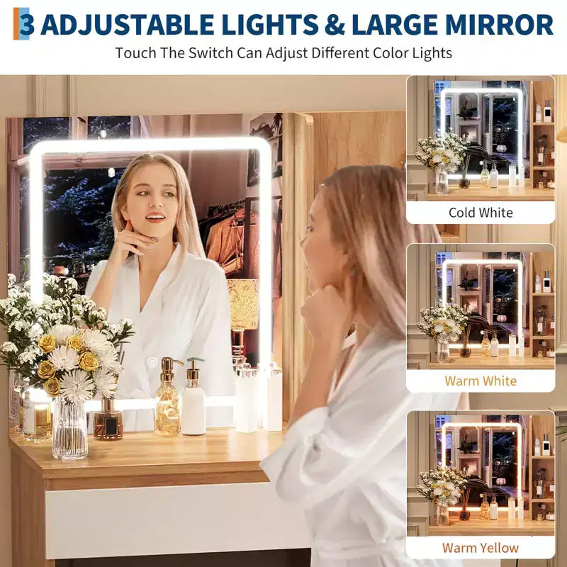Coiffeuse avec miroir et lumières - Table de maquillage moderne avec tabouret de rangement, 4 tiroirs et support pour sèche-cheveux - Coiffeuses pour chambre à coucher