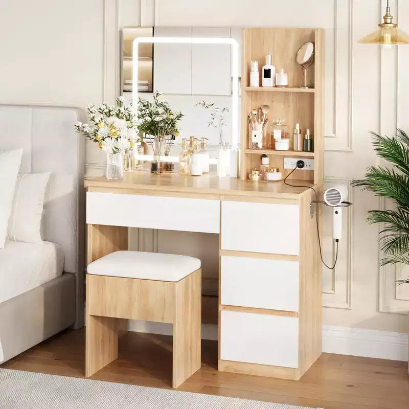 Coiffeuse avec miroir et lumières - Table de maquillage moderne avec tabouret de rangement, 4 tiroirs et support pour sèche-cheveux - Coiffeuses pour chambre à coucher