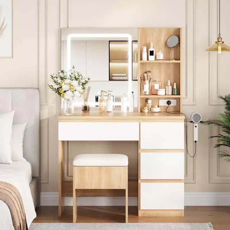 Vanity Desk with Mirror and Lights - Modern Makeup Dressing Table with Storage Stool, 4 Drawers & Hair Dryer Holder -Vanities for Bedroom