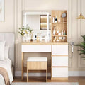Vanity Desk with Mirror and Lights - Modern Makeup Dressing Table with Storage Stool, 4 Drawers & Hair Dryer Holder -Vanities for Bedroom