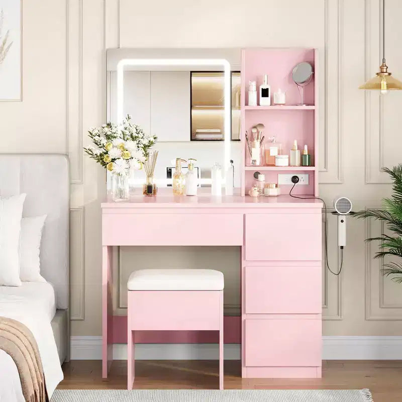 Coiffeuse avec miroir et lumières - Table de maquillage moderne avec tabouret de rangement, 4 tiroirs et support pour sèche-cheveux - Coiffeuses pour chambre à coucher