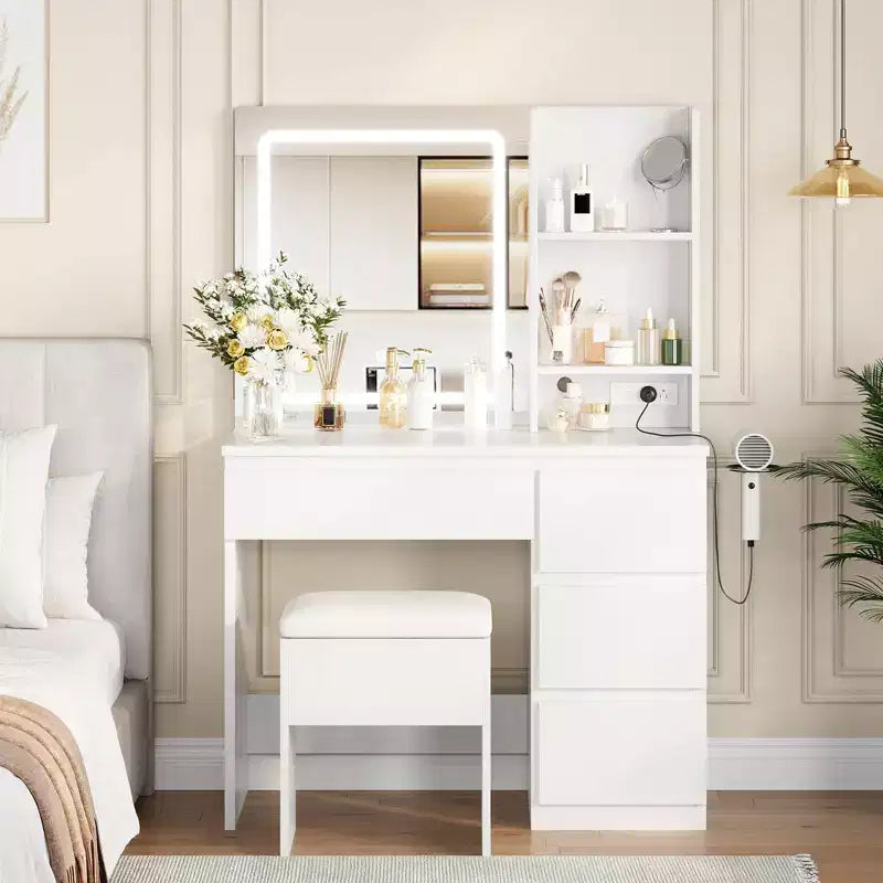 Coiffeuse avec miroir et lumières - Table de maquillage moderne avec tabouret de rangement, 4 tiroirs et support pour sèche-cheveux - Coiffeuses pour chambre à coucher