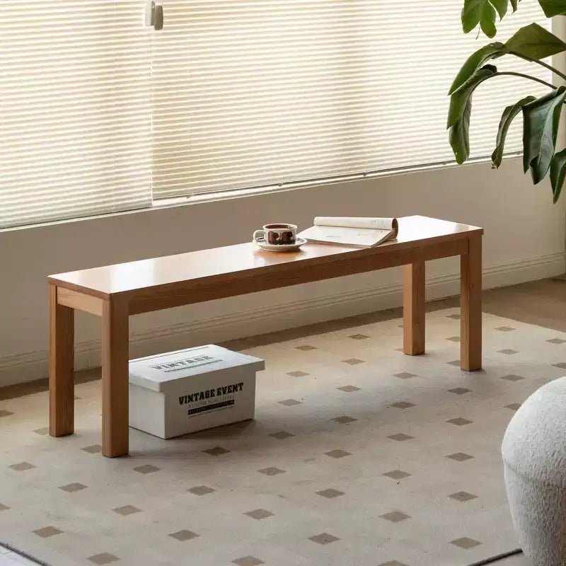 MAYEERTY Solid Oak Wood Bench, Rectangular Chair with Metal Reinforcement for Dining Room, Living Room & Entryway