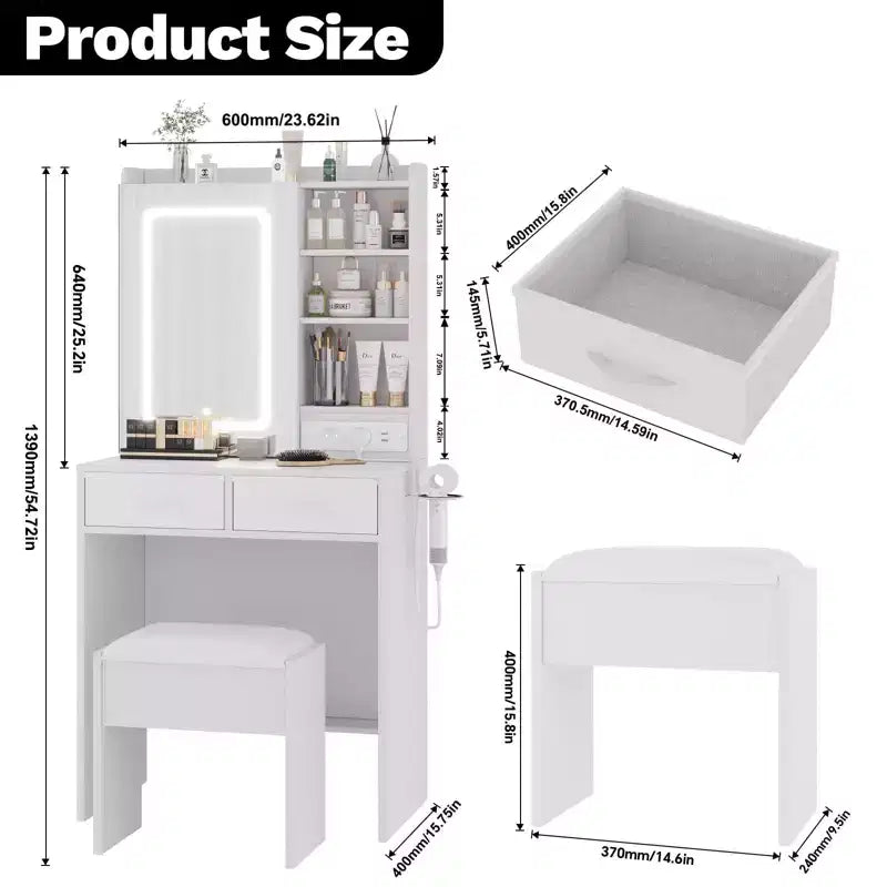 Coiffeuse de Maquillage avec Lumières, Miroir et Station de Recharge - Table de Maquillage avec Ports USB, Tabouret, Tiroirs et Rangement pour Chambre à Coucher