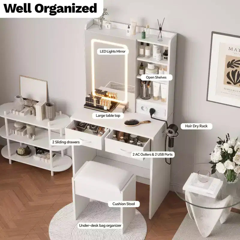 Coiffeuse de Maquillage avec Lumières, Miroir et Station de Recharge - Table de Maquillage avec Ports USB, Tabouret, Tiroirs et Rangement pour Chambre à Coucher