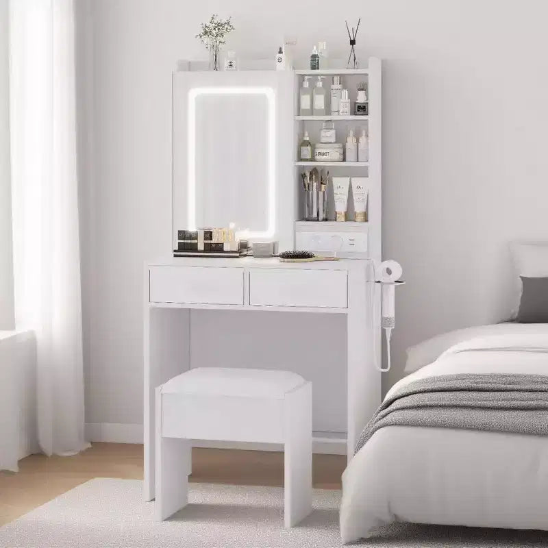 Coiffeuse de Maquillage avec Lumières, Miroir et Station de Recharge - Table de Maquillage avec Ports USB, Tabouret, Tiroirs et Rangement pour Chambre à Coucher