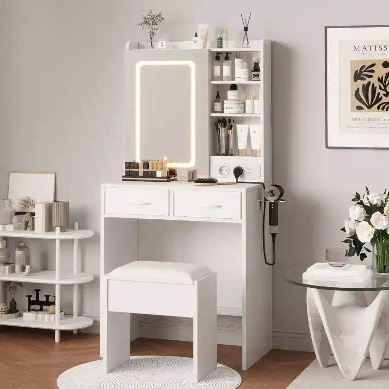 Coiffeuse de Maquillage avec Lumières, Miroir et Station de Recharge - Table de Maquillage avec Ports USB, Tabouret, Tiroirs et Rangement pour Chambre à Coucher