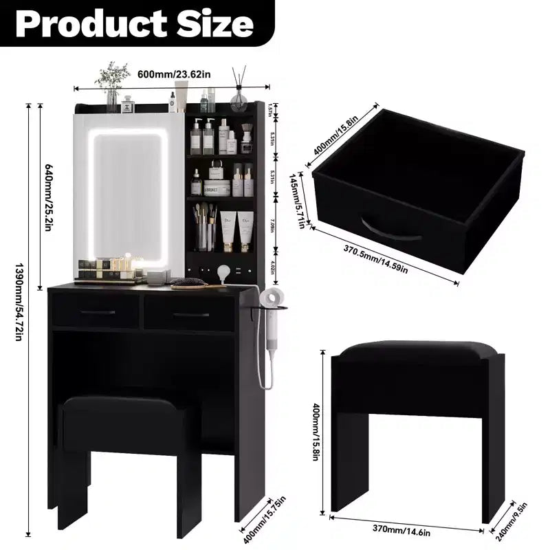 Coiffeuse de Maquillage avec Lumières, Miroir et Station de Recharge - Table de Maquillage avec Ports USB, Tabouret, Tiroirs et Rangement pour Chambre à Coucher