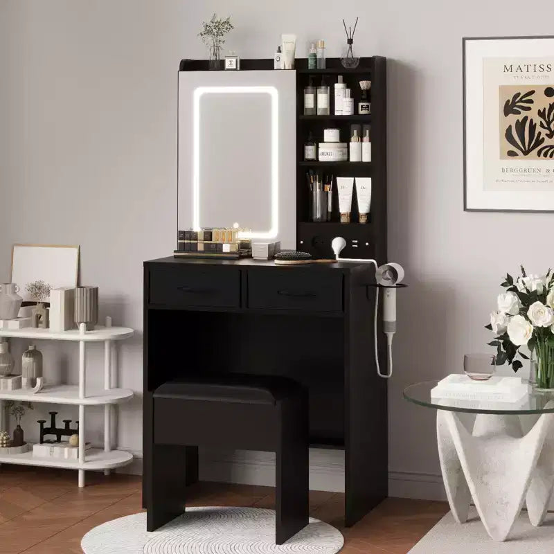 Coiffeuse de Maquillage avec Lumières, Miroir et Station de Recharge - Table de Maquillage avec Ports USB, Tabouret, Tiroirs et Rangement pour Chambre à Coucher