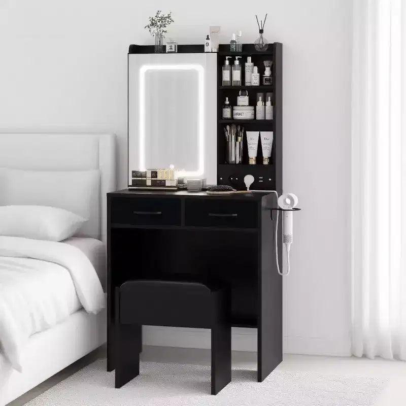 Coiffeuse de Maquillage avec Lumières, Miroir et Station de Recharge - Table de Maquillage avec Ports USB, Tabouret, Tiroirs et Rangement pour Chambre à Coucher