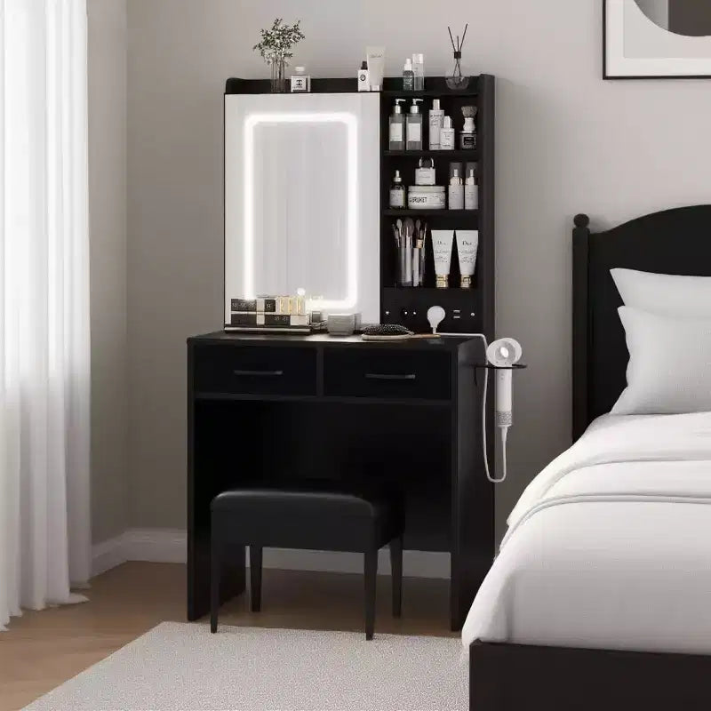 Coiffeuse de Maquillage avec Lumières, Miroir et Station de Recharge - Table de Maquillage avec Ports USB, Tabouret, Tiroirs et Rangement pour Chambre à Coucher