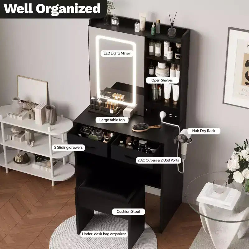 Coiffeuse de Maquillage avec Lumières, Miroir et Station de Recharge - Table de Maquillage avec Ports USB, Tabouret, Tiroirs et Rangement pour Chambre à Coucher