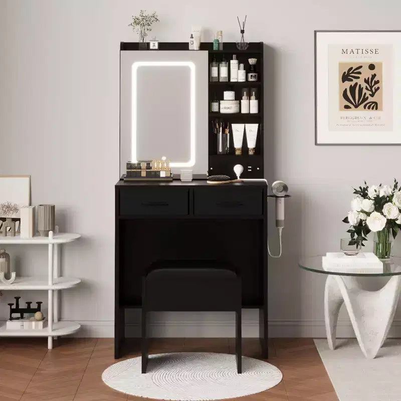 Makeup Vanity Desk with Lights, Mirror & Charging Station - Dressing Table with USB Ports, Stool, Drawers & Storage for Bedroom