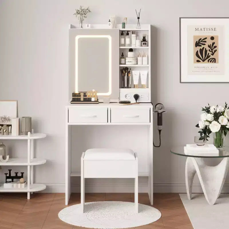 Coiffeuse de Maquillage avec Lumières, Miroir et Station de Recharge - Table de Maquillage avec Ports USB, Tabouret, Tiroirs et Rangement pour Chambre à Coucher
