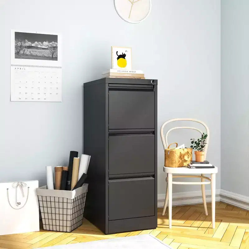 VIYET 40.39 Classeur vertical à 3 tiroirs en métal noir avec serrure, armoire de classement en acier pour bureau à domicile, convient aux documents A4/légaux/lettre