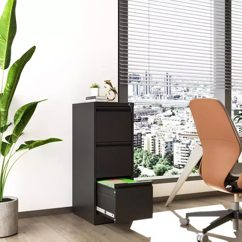 VIYET 40.39 Classeur vertical à 3 tiroirs en métal noir avec serrure, armoire de classement en acier pour bureau à domicile, convient aux documents A4/légaux/lettre