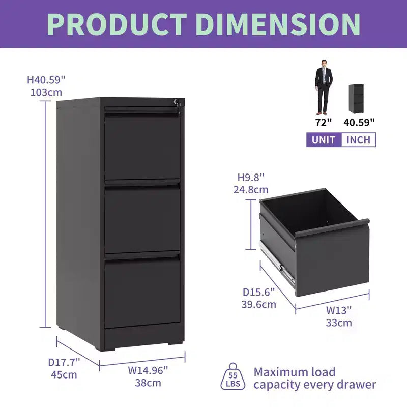 VIYET 40.39 Classeur vertical à 3 tiroirs en métal noir avec serrure, armoire de classement en acier pour bureau à domicile, convient aux documents A4/légaux/lettre