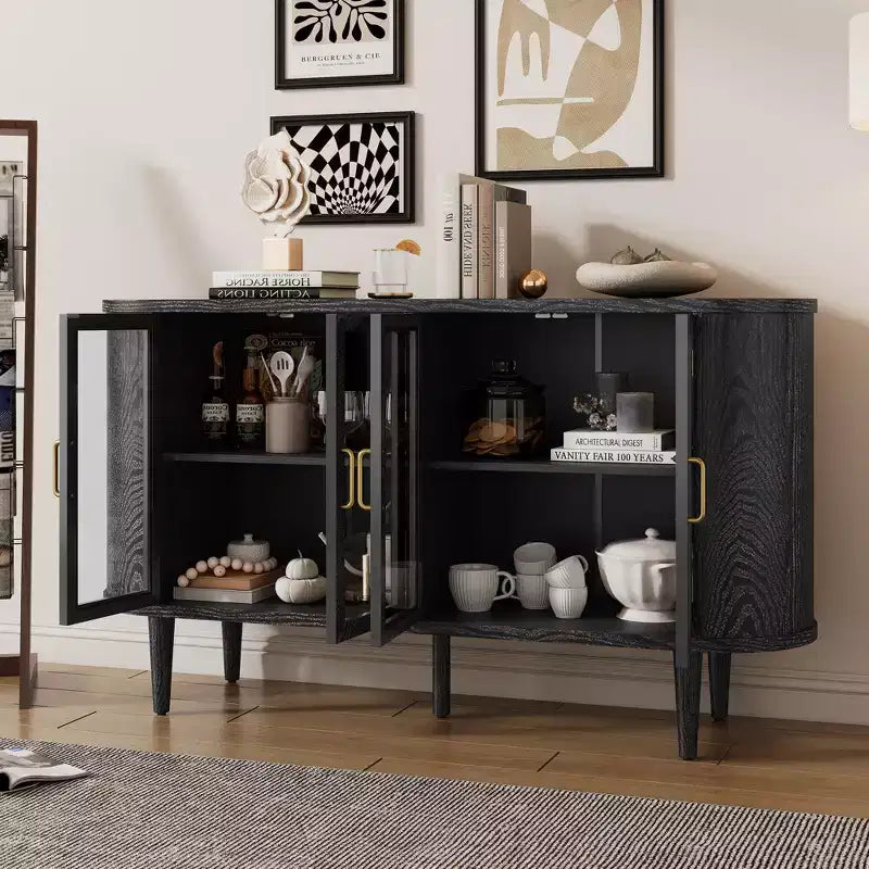 TUYOHW Buffet en bois, avec gestion des câbles, portes en verre trempé, étagères réglables, meuble console pour cuisine, salle à manger.