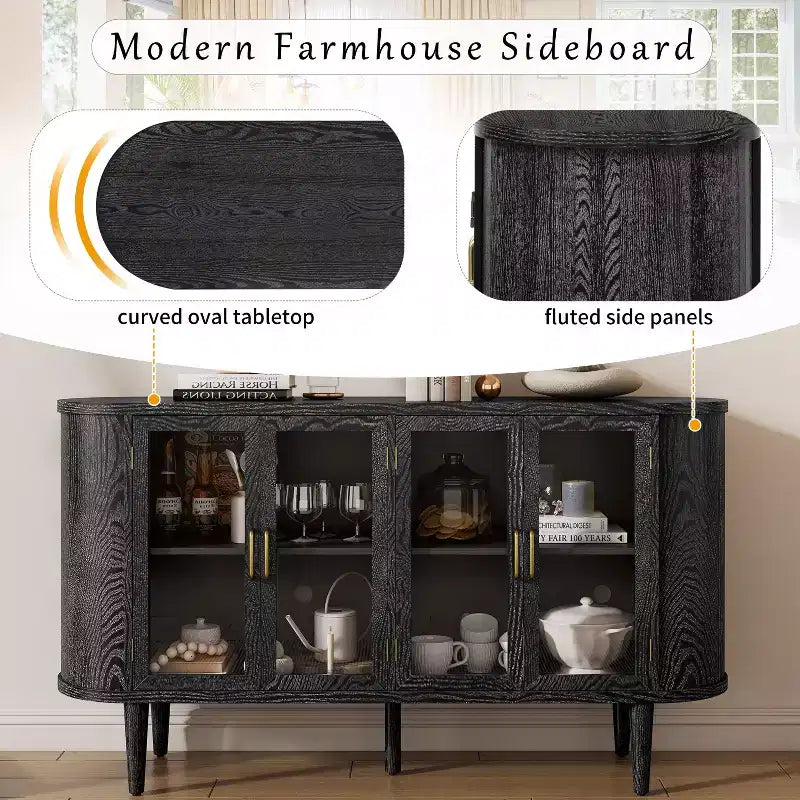 TUYOHW Buffet en bois, avec gestion des câbles, portes en verre trempé, étagères réglables, meuble console pour cuisine, salle à manger.