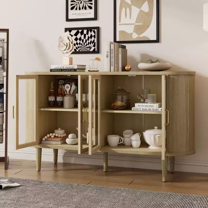 TUYOHW Buffet en bois, avec gestion des câbles, portes en verre trempé, étagères réglables, meuble console pour cuisine, salle à manger.