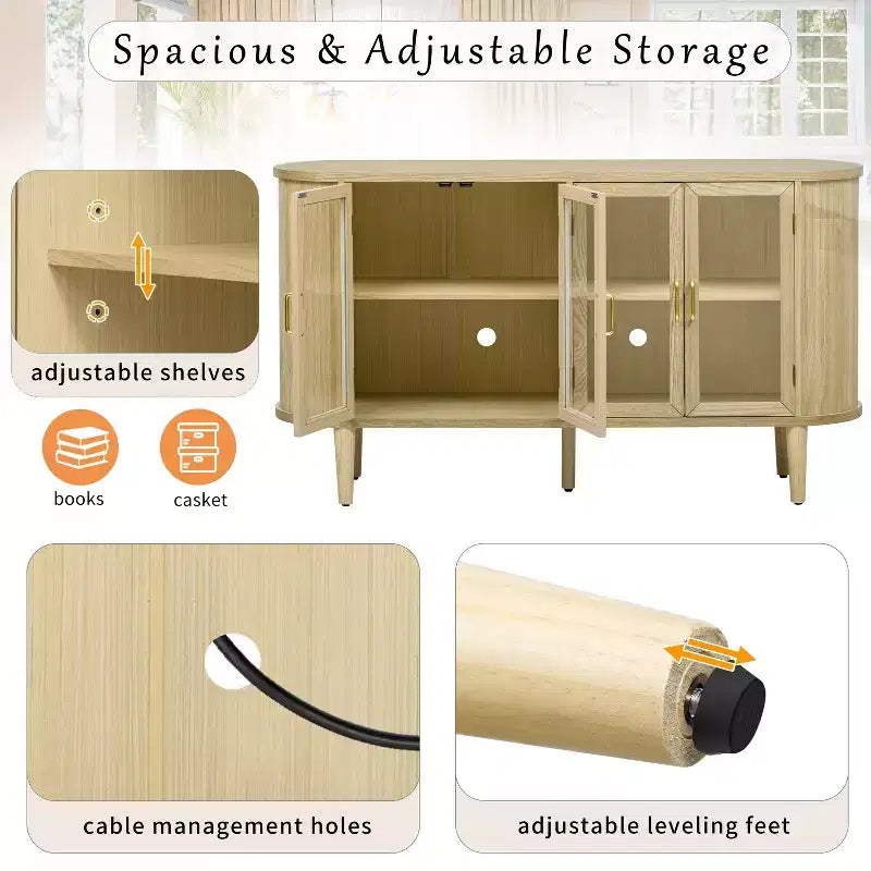 TUYOHW Buffet en bois, avec gestion des câbles, portes en verre trempé, étagères réglables, meuble console pour cuisine, salle à manger.