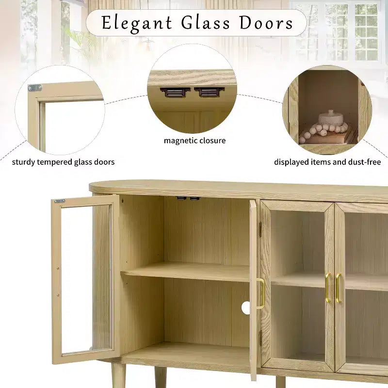 TUYOHW Buffet en bois, avec gestion des câbles, portes en verre trempé, étagères réglables, meuble console pour cuisine, salle à manger.