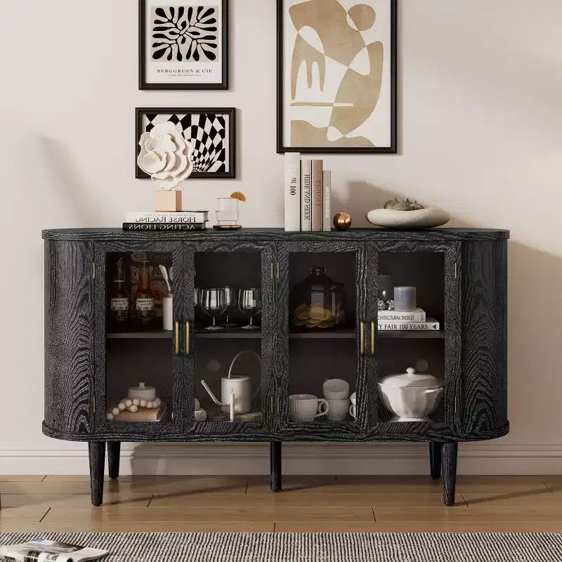 TUYOHW Wood Sideboard Cabinet,Credenza with Cable Management,Tempered Glass Doors,Adjustable Shelves,Console Cabinet for Kitchen,Dining Room
