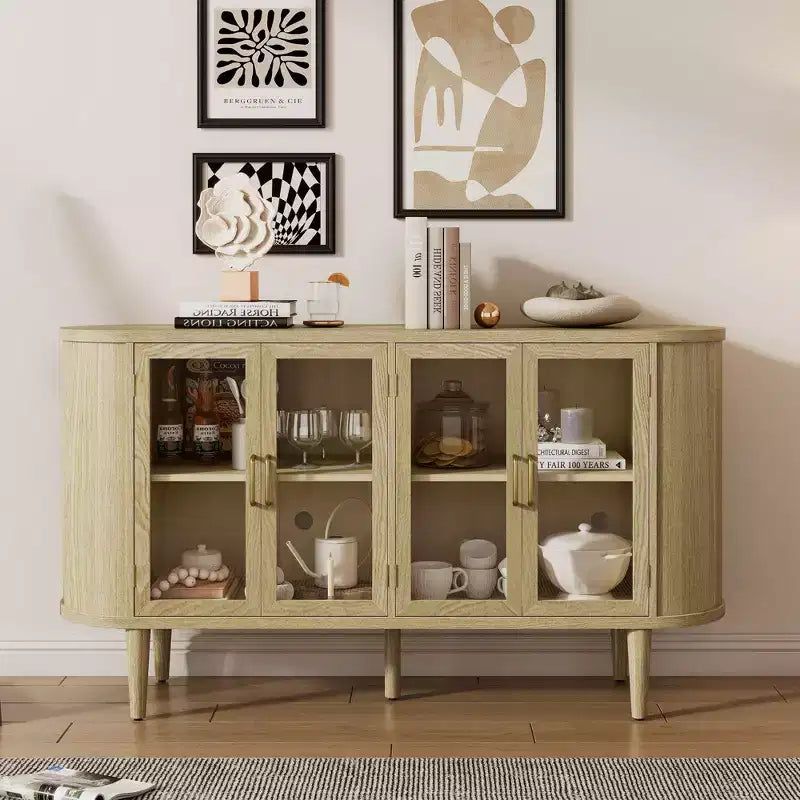 TUYOHW Buffet en bois, avec gestion des câbles, portes en verre trempé, étagères réglables, meuble console pour cuisine, salle à manger.