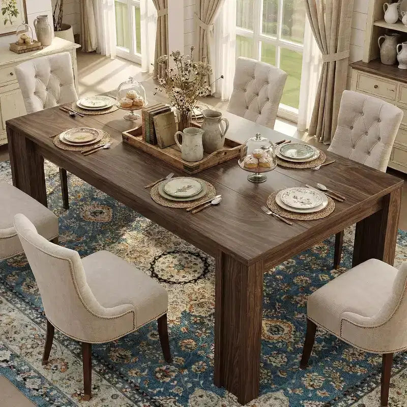 71 Long Dining Table for 6-8, Rectangular Farmhouse Kitchen Dining Room Table w/Wider H Legs & Large Wooden Tabletop, for Apartment, Kitchen