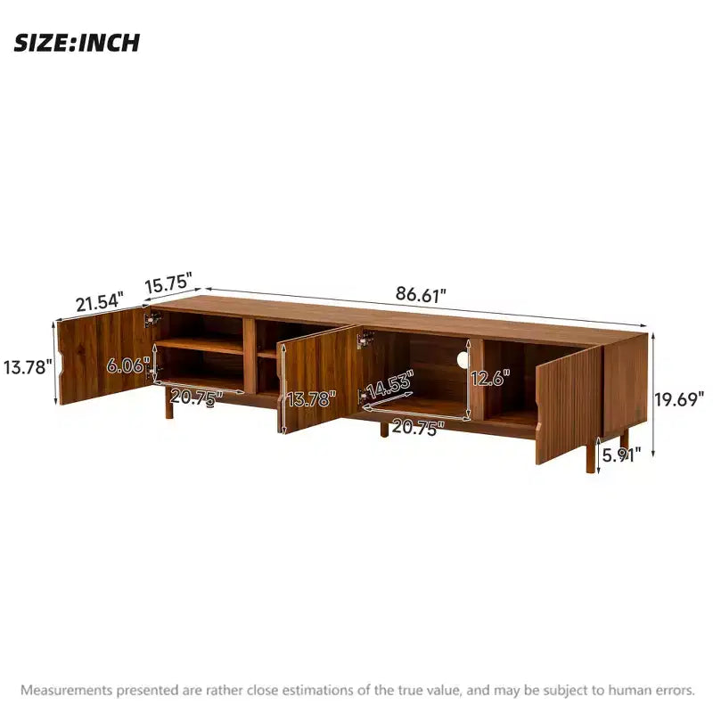 Meuble TV de 221 cm pour téléviseurs jusqu'à 228 cm, console média avec 4 compartiments, pieds en bois massif et panneau à rainures verticales