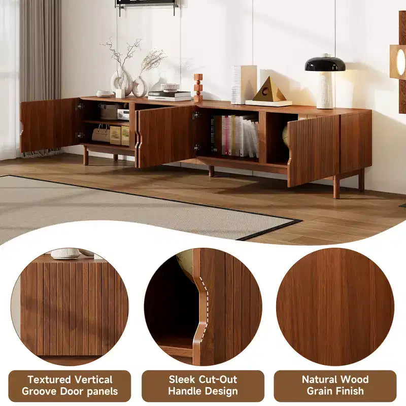 Meuble TV de 221 cm pour téléviseurs jusqu'à 228 cm, console média avec 4 compartiments, pieds en bois massif et panneau à rainures verticales